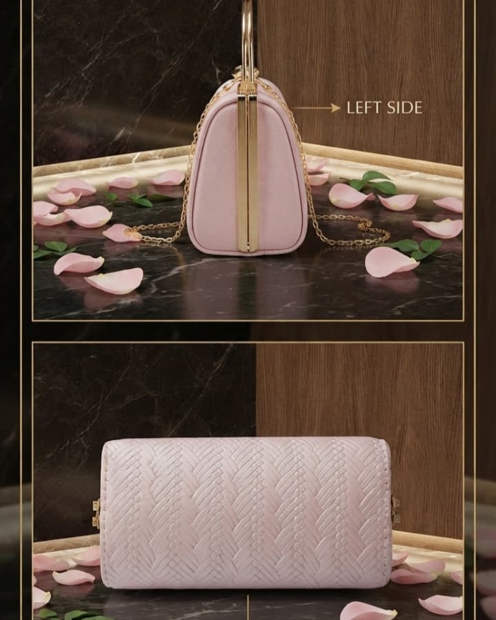 EDONE Premium Metallic Frame Lock Evening Clutch Bag in Baby Pink & Rose Gold with Long Chain | Designer Partywear Purse for Women