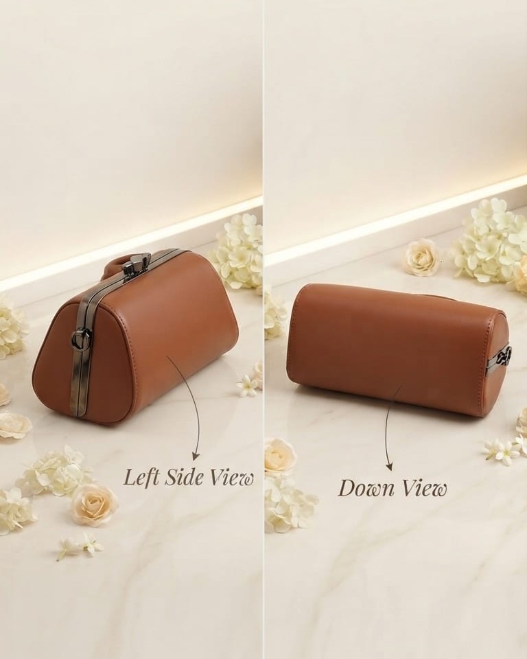 EDONE Premium Metallic Frame Lock Evening Clutch Bag in Baby Pink & Brown with Long Chain | Designer Partywear Purse for Women
