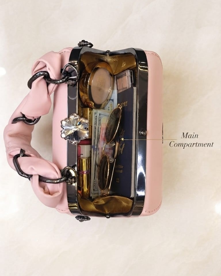 EDONE Premium Metallic Frame Lock Evening Clutch Bag in Baby Pink & Brown with Long Chain | Designer Partywear Purse for Women