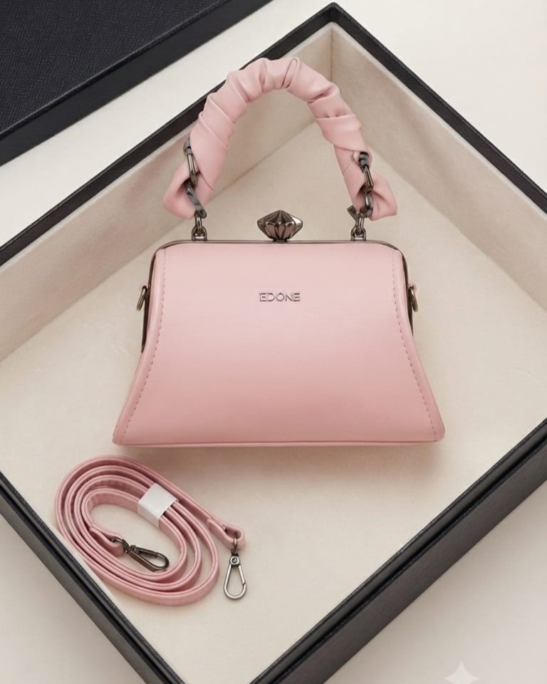 EDONE Premium Metallic Frame Lock Evening Clutch Bag in Baby Pink & Brown with Long Chain | Designer Partywear Purse for Women