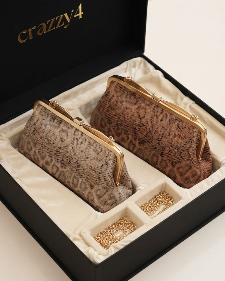 Imported Premium Metallic Frame Lock Evening Clutch Bag in Gold & Brownie Gold with Long Chain | Designer Partywear Purse for Women