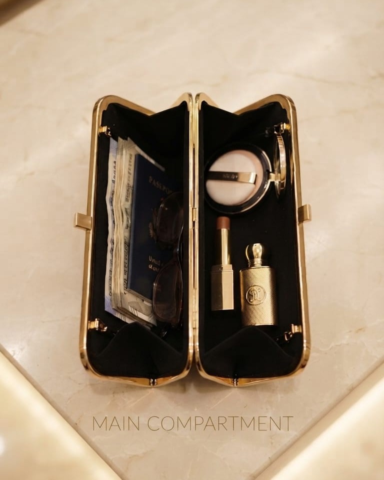 Imported Premium Metallic Frame Lock Evening Clutch Bag in Gold & Brownie Gold with Long Chain | Designer Partywear Purse for Women
