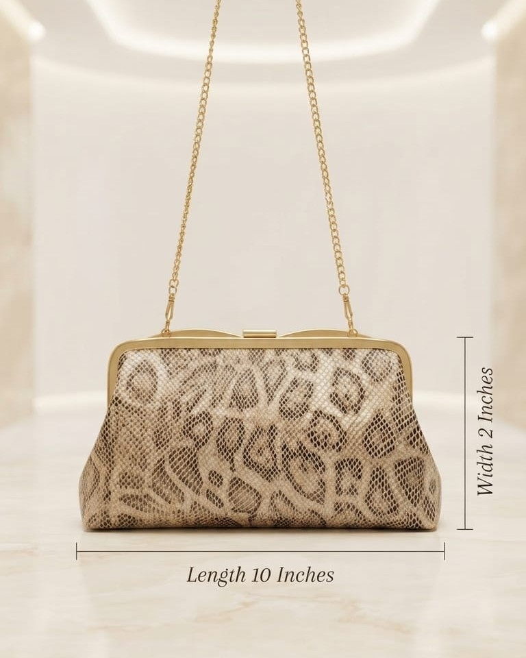 Imported Premium Metallic Frame Lock Evening Clutch Bag in Gold & Brownie Gold with Long Chain | Designer Partywear Purse for Women