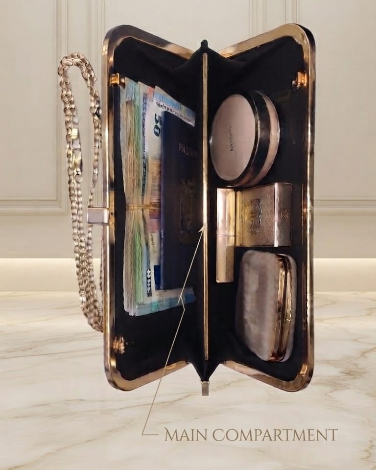 Imported Premium Metallic Frame Lock Evening Clutch Bag in Gold & Brownie Gold with Long Chain | Designer Partywear Purse for Women