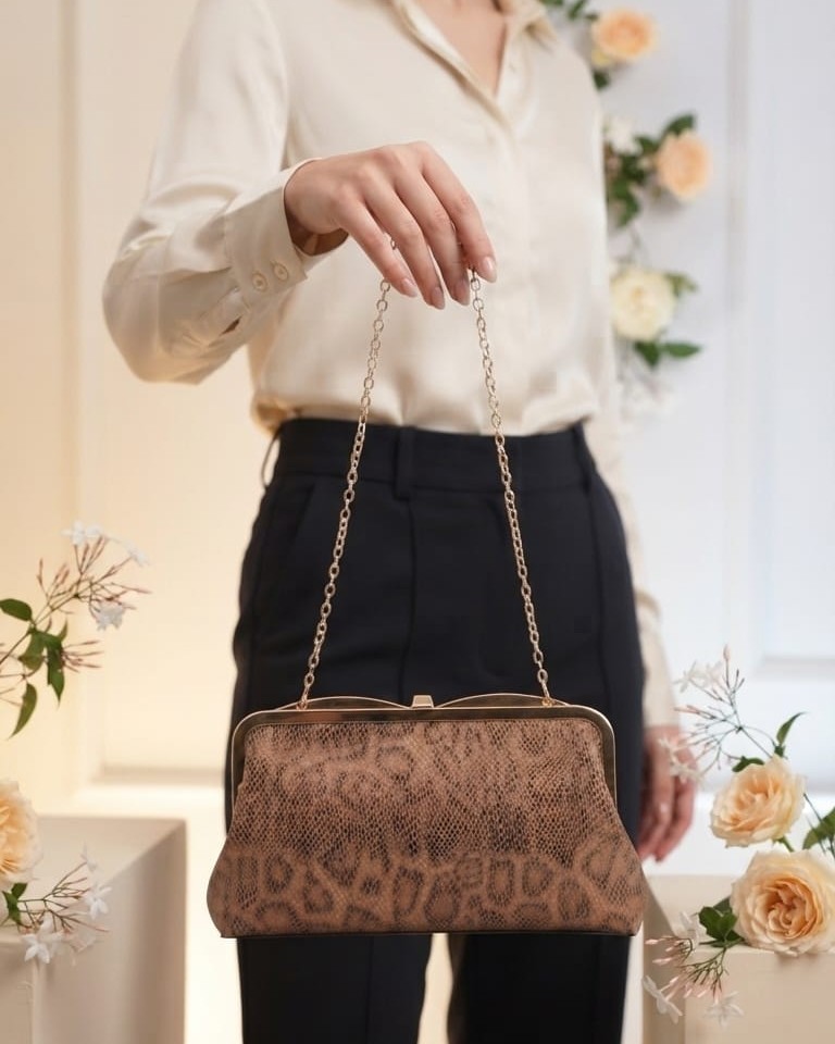 Imported Premium Metallic Frame Lock Evening Clutch Bag in Gold & Brownie Gold with Long Chain | Designer Partywear Purse for Women