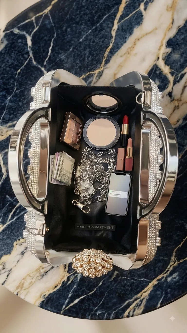 Imported High-Metal Party Look Clutch in Silver | Luxury Functions & Evening Purse with Inside Pocket