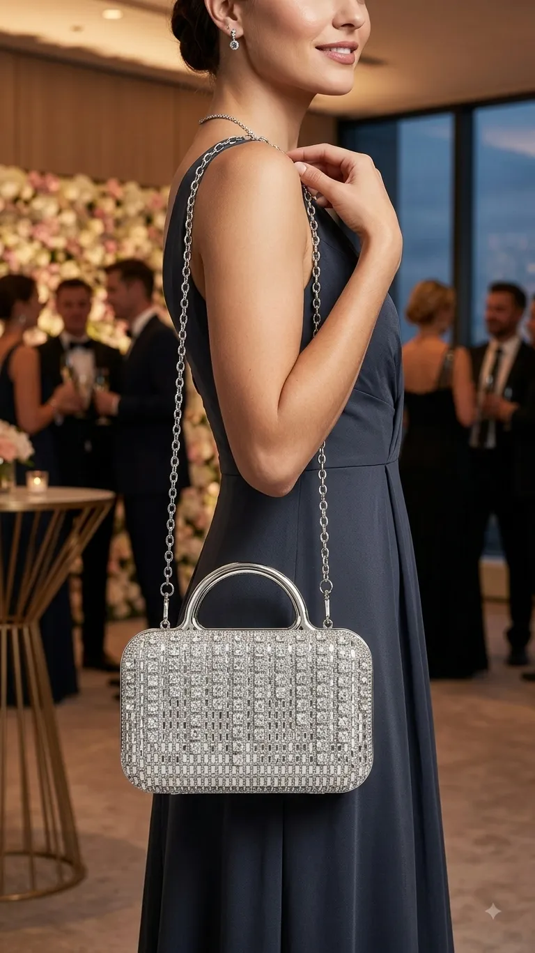 Imported High-Metal Party Look Clutch in Silver | Luxury Functions & Evening Purse with Inside Pocket