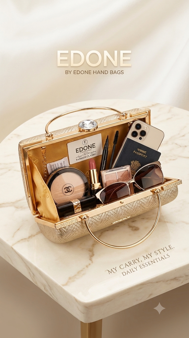 Edone High-Quality Frame Lock Party Clutch in Light Gold | Luxury Evening Purse with Inside Pocket