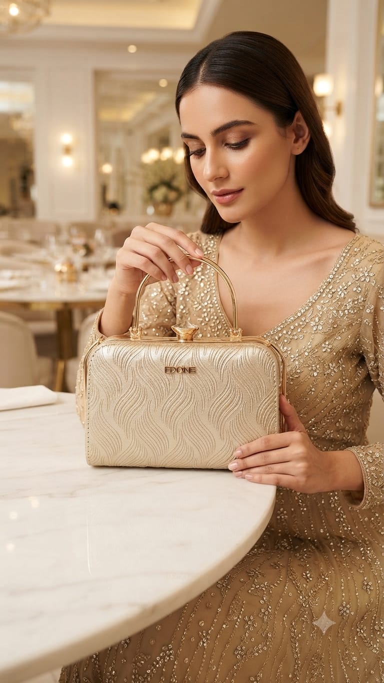 Edone High-Quality Frame Lock Party Clutch in Light Gold | Luxury Evening Purse with Inside Pocket
