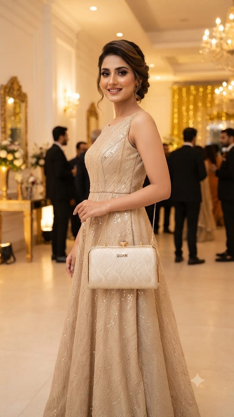 Edone High-Quality Frame Lock Party Clutch in Light Gold | Luxury Evening Purse with Inside Pocket