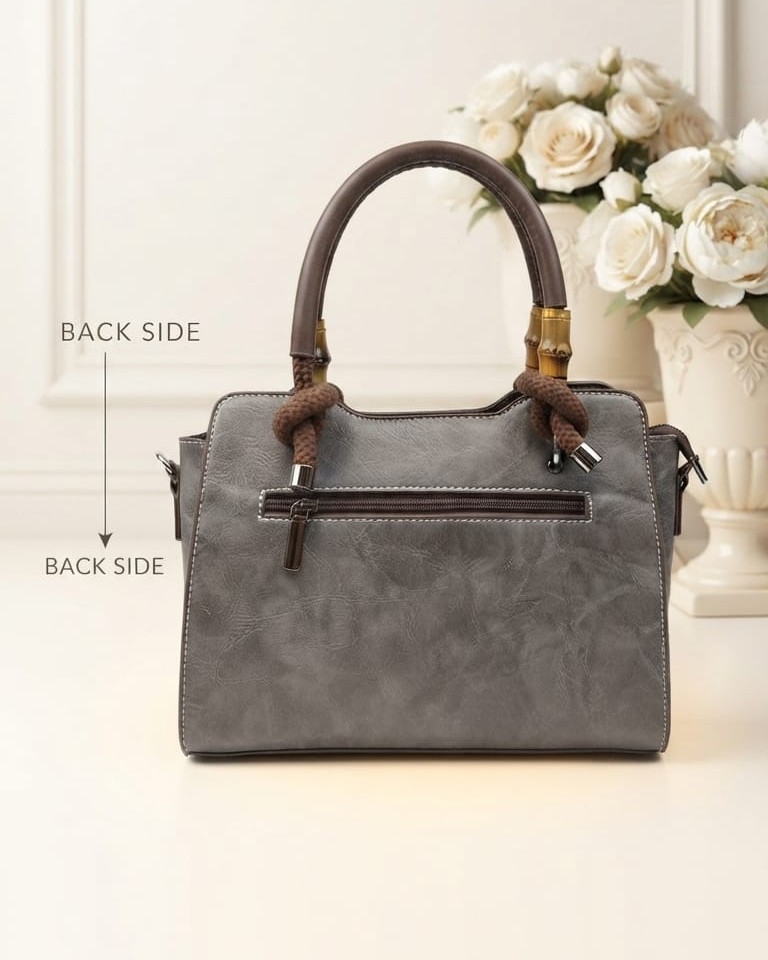 Imported Premium Finish Fancy Handbag in Grey & Black | Designer Casual & Office Tote Purse for Women