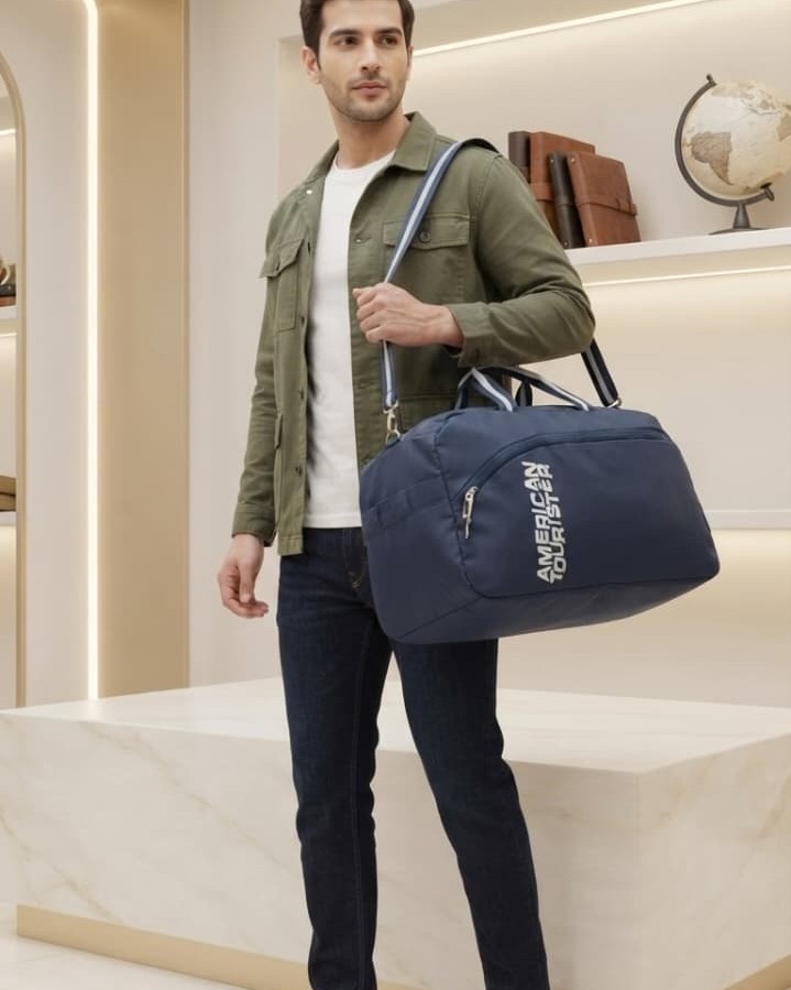 American Tourister Premium Travel Duffle Bag in Grey & Blue | High-End Unisex Luggage & Overnighter Bag
