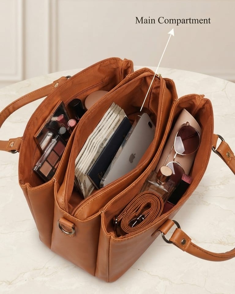 Abc Premium PU Leather Mini Handbag with Long Shoulder Strap in Tan, Cream & Green | High-End Stylish Purse for Women