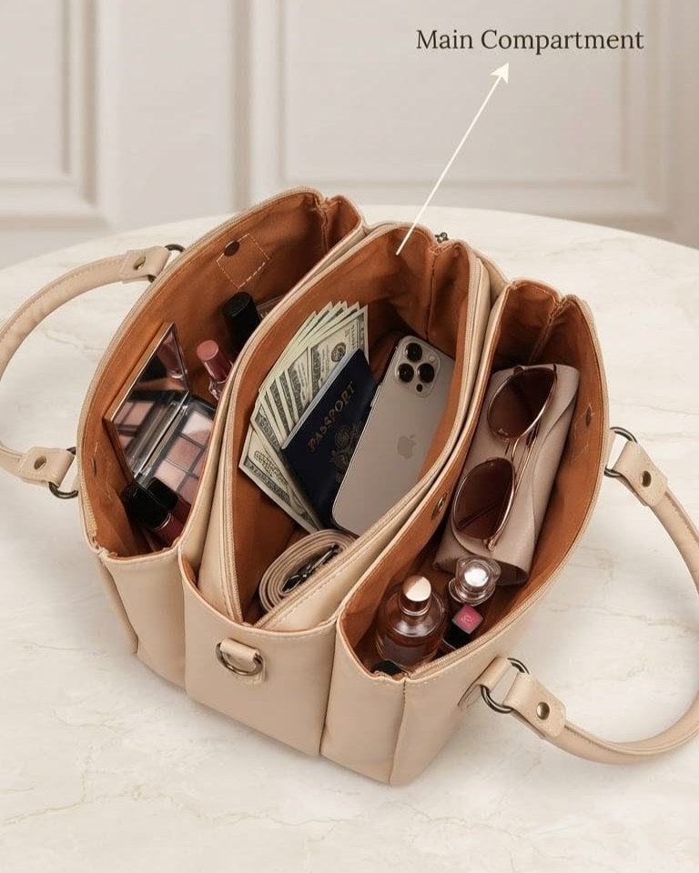 Abc Premium PU Leather Mini Handbag with Long Shoulder Strap in Tan, Cream & Green | High-End Stylish Purse for Women