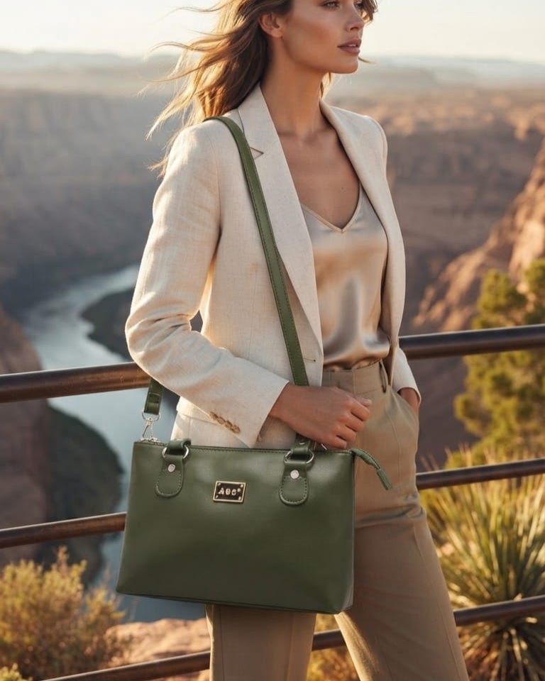 Abc Premium PU Leather Mini Handbag with Long Shoulder Strap in Tan, Cream & Green | High-End Stylish Purse for Women