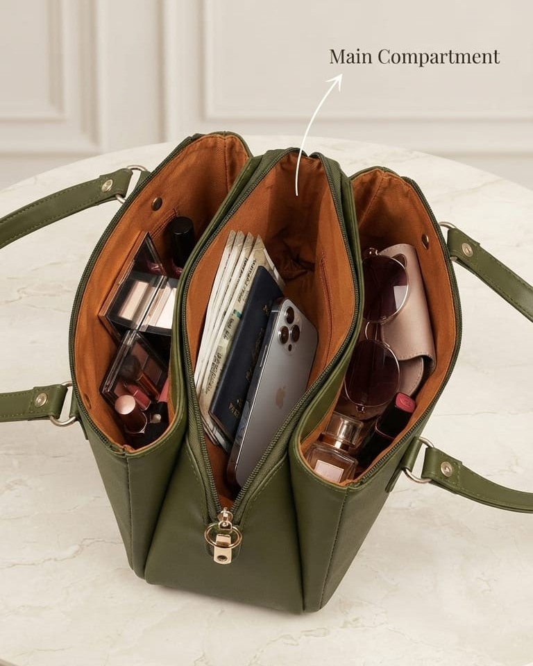 Abc Premium PU Leather Mini Handbag with Long Shoulder Strap in Tan, Cream & Green | High-End Stylish Purse for Women