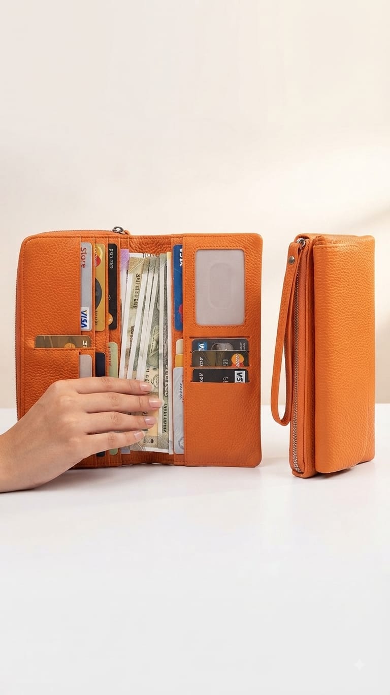 Imported Premium PU Leather Wallet in Vibrant Orange, Black & Khaki | Compact Cash, Card & Coin Wallet