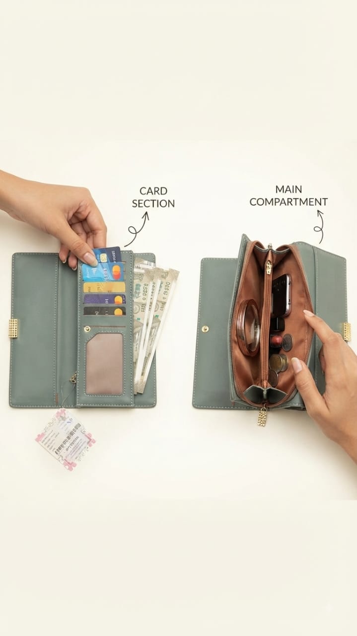 Imported Premium PU Leather Mobile Clutch Wallet in Sky Blue & Pink | Compact Smartphone, Cash, Card & Coin Purse