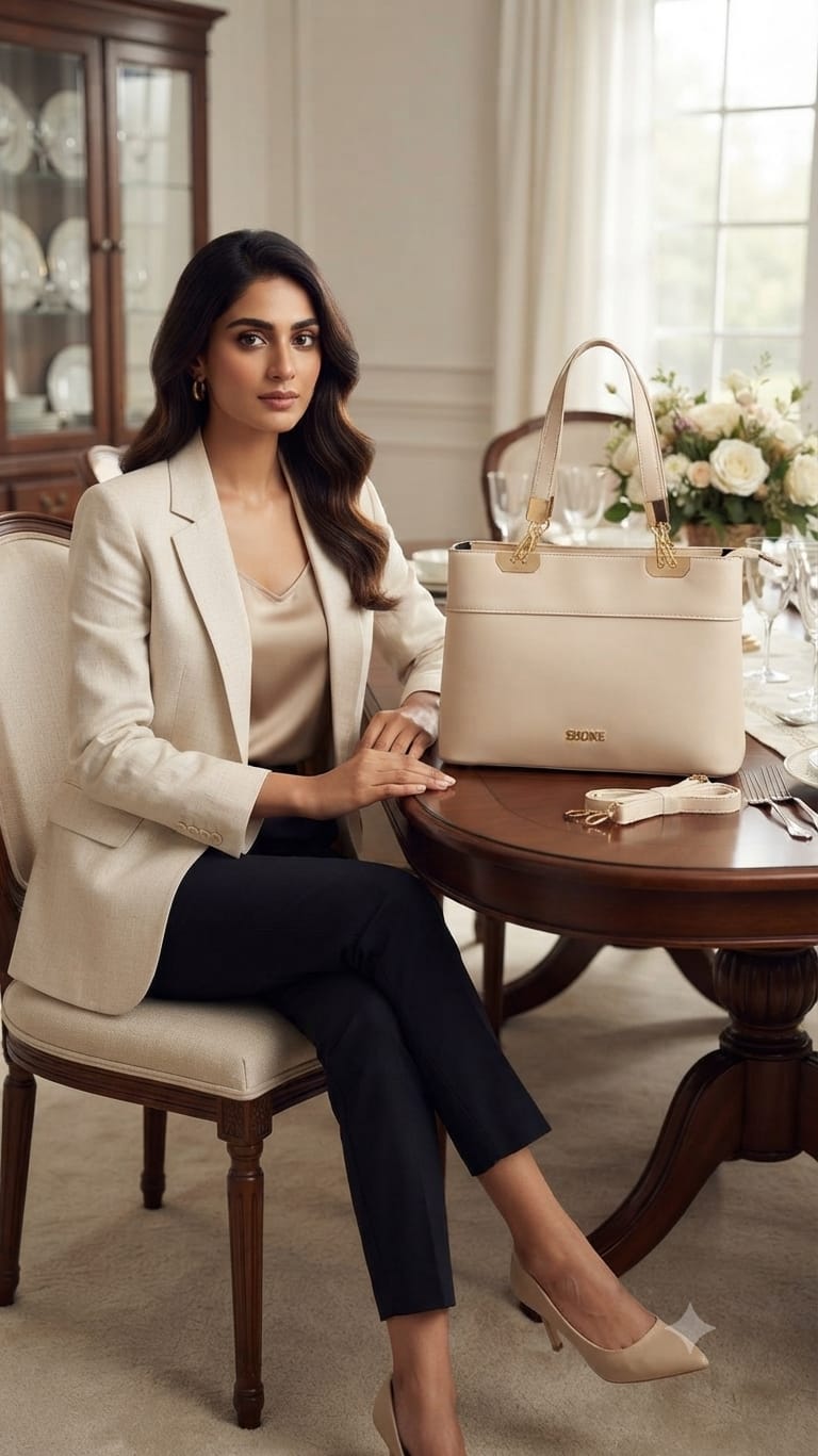 Edone Premium PU Leather Party Handbag with Long Strap in Tan, Green & Peach | Elegant Multi-Compartment Evening Purse