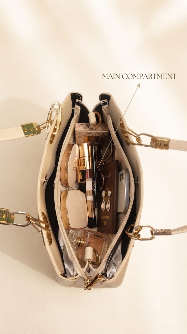Edone Premium PU Leather Party Handbag with Long Strap in Tan, Green & Peach | Elegant Multi-Compartment Evening Purse