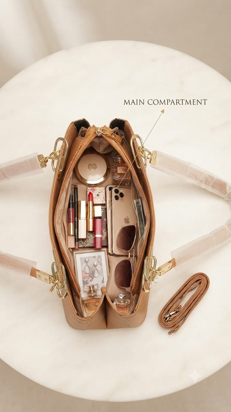 Edone Premium PU Leather Party Handbag with Long Strap in Tan, Green & Peach | Elegant Multi-Compartment Evening Purse
