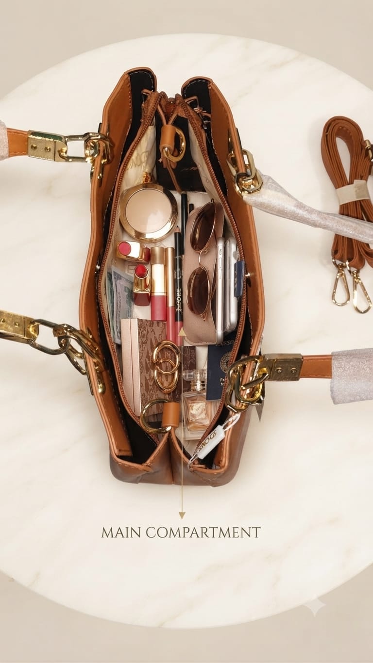 Edone Premium PU Leather Party Handbag with Long Strap in Tan, Green & Peach | Elegant Multi-Compartment Evening Purse