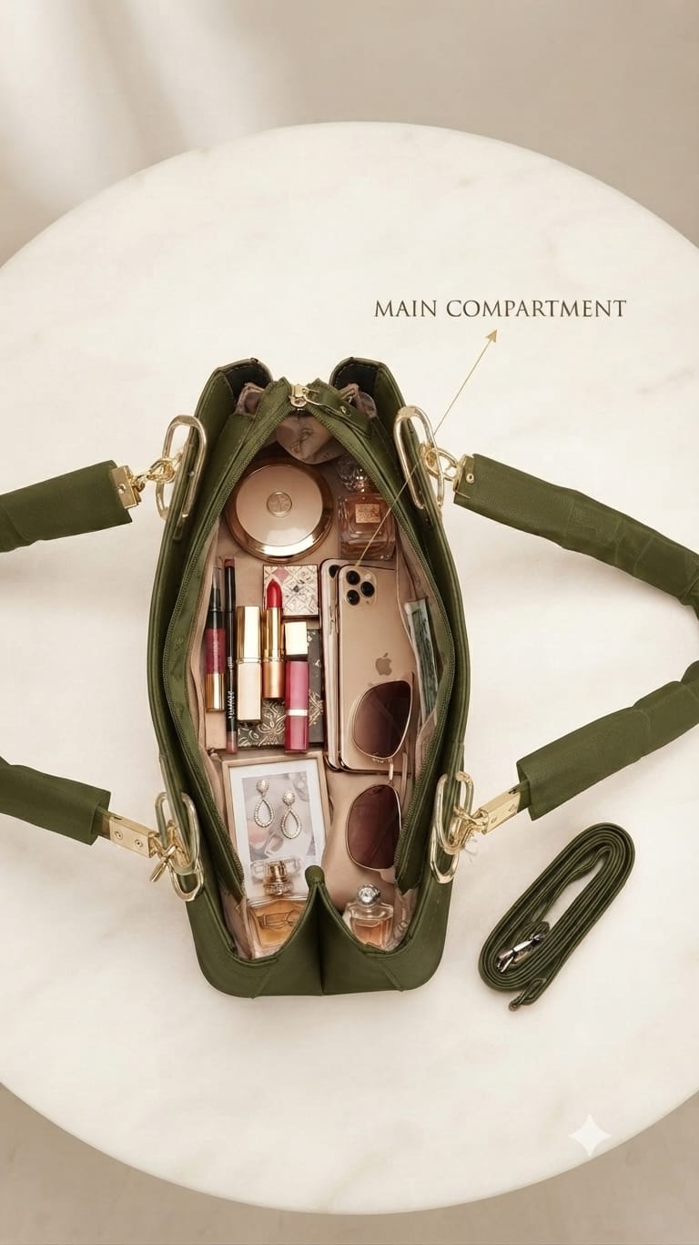 Edone Premium PU Leather Party Handbag with Long Strap in Tan, Green & Peach | Elegant Multi-Compartment Evening Purse