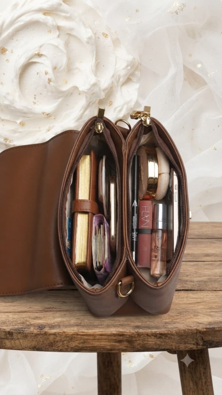 Imported Premium PU Leather Semi-Formal Sling Handbag with Long Strap | Dual Zip & Multi-Compartment Purse