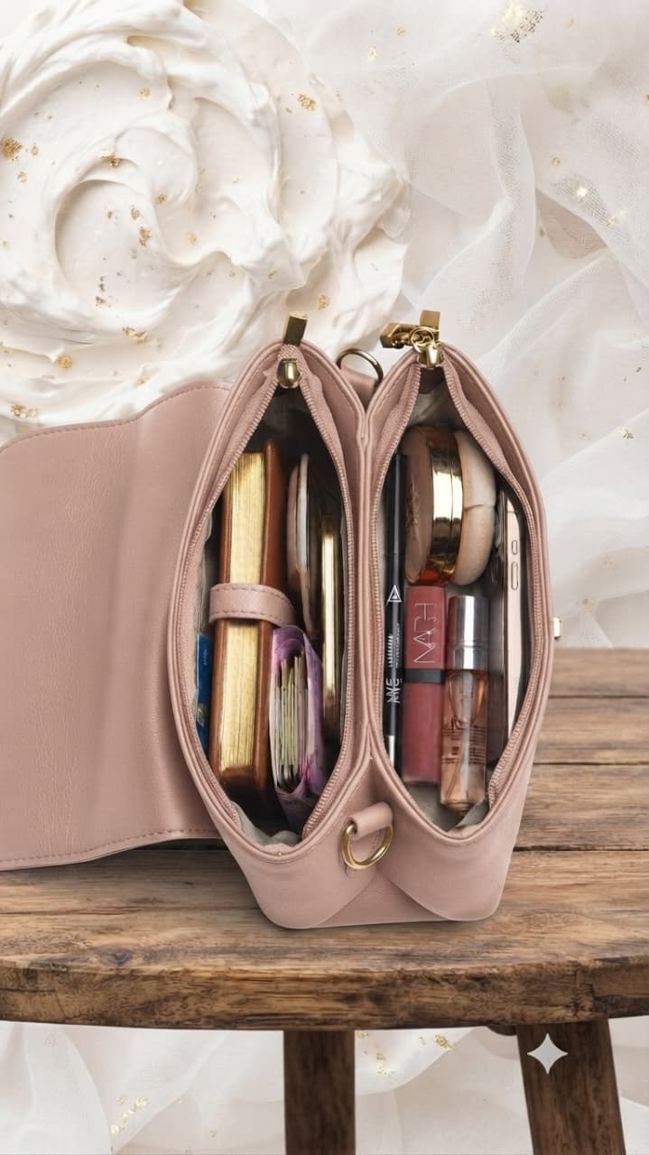 Imported Premium PU Leather Semi-Formal Sling Handbag with Long Strap | Dual Zip & Multi-Compartment Purse