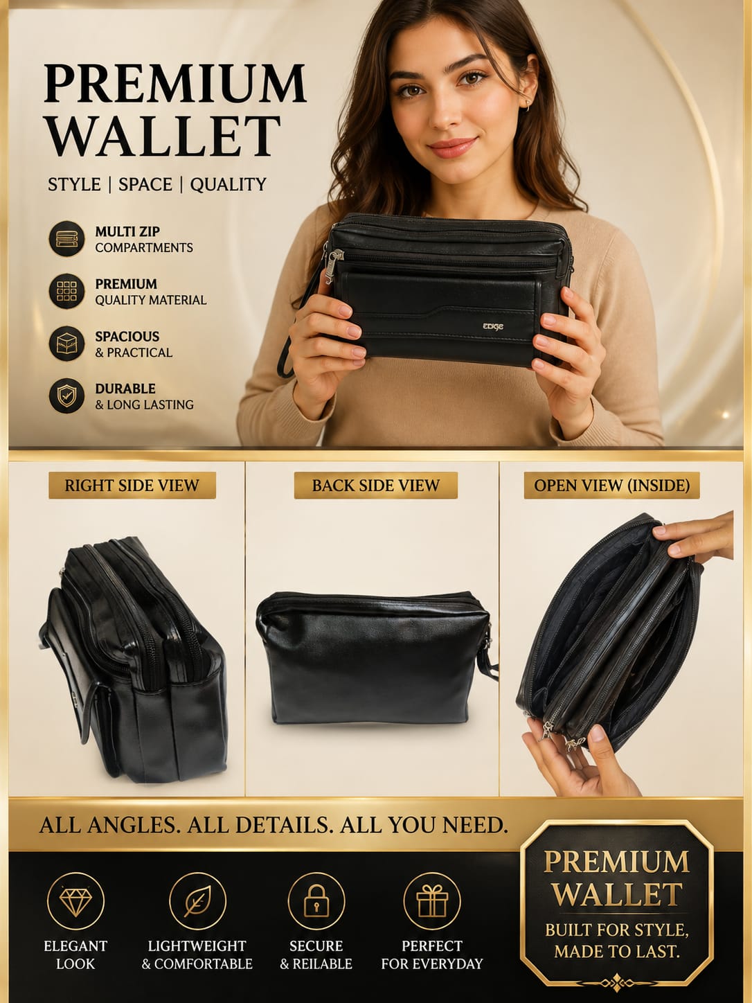 Edge Men's PU Leather Shagun & Cash Kit | Multi-Zip Organizer Pouch for Weddings & Office