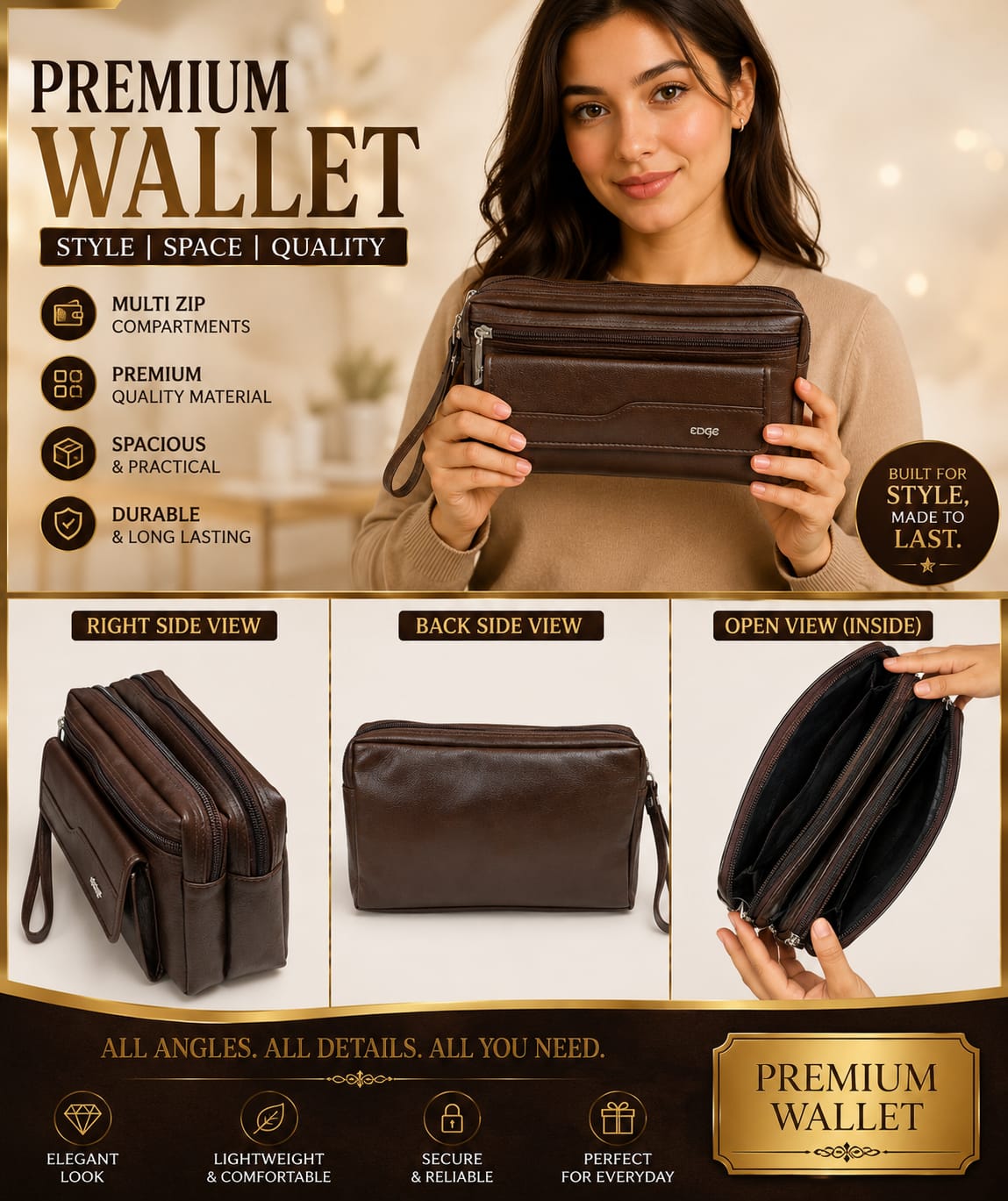 Edge Men's PU Leather Shagun & Cash Kit | Multi-Zip Organizer Pouch for Weddings & Office