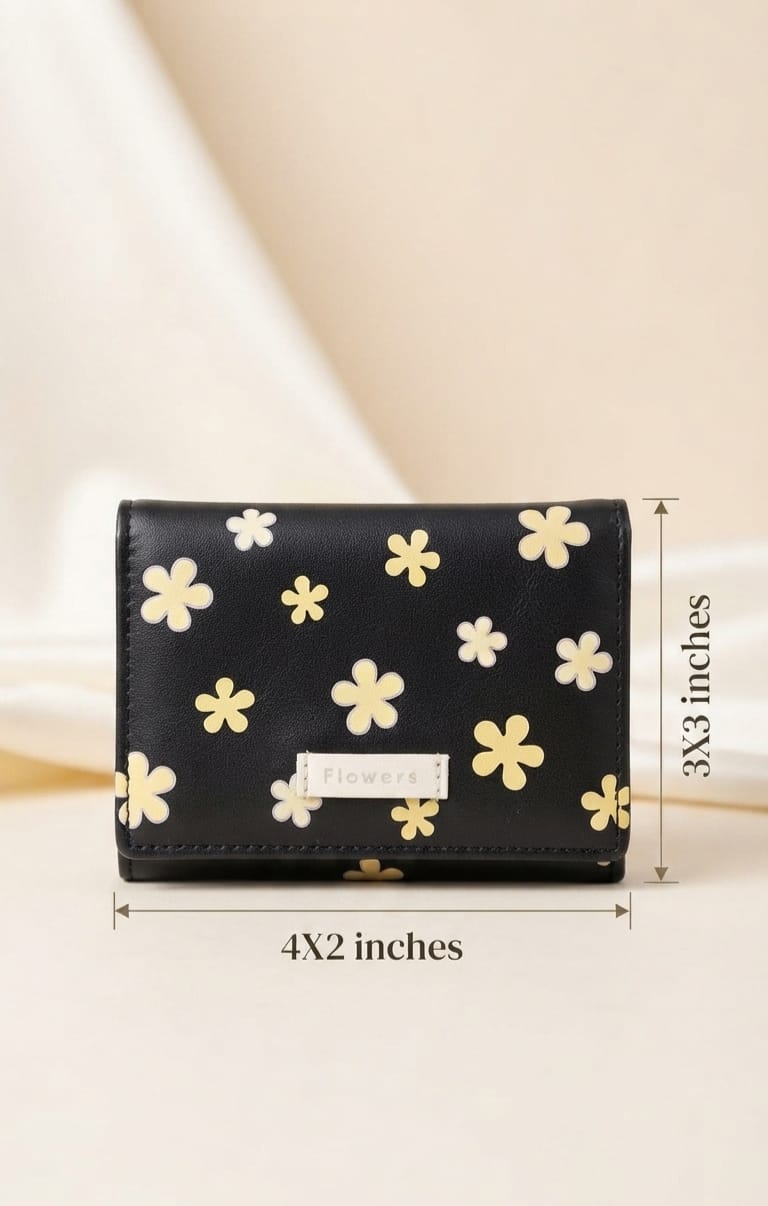 Flower Premium PU Leather 3-Fold Wallet for Girls | Compact Mini Cash & Card Organizer