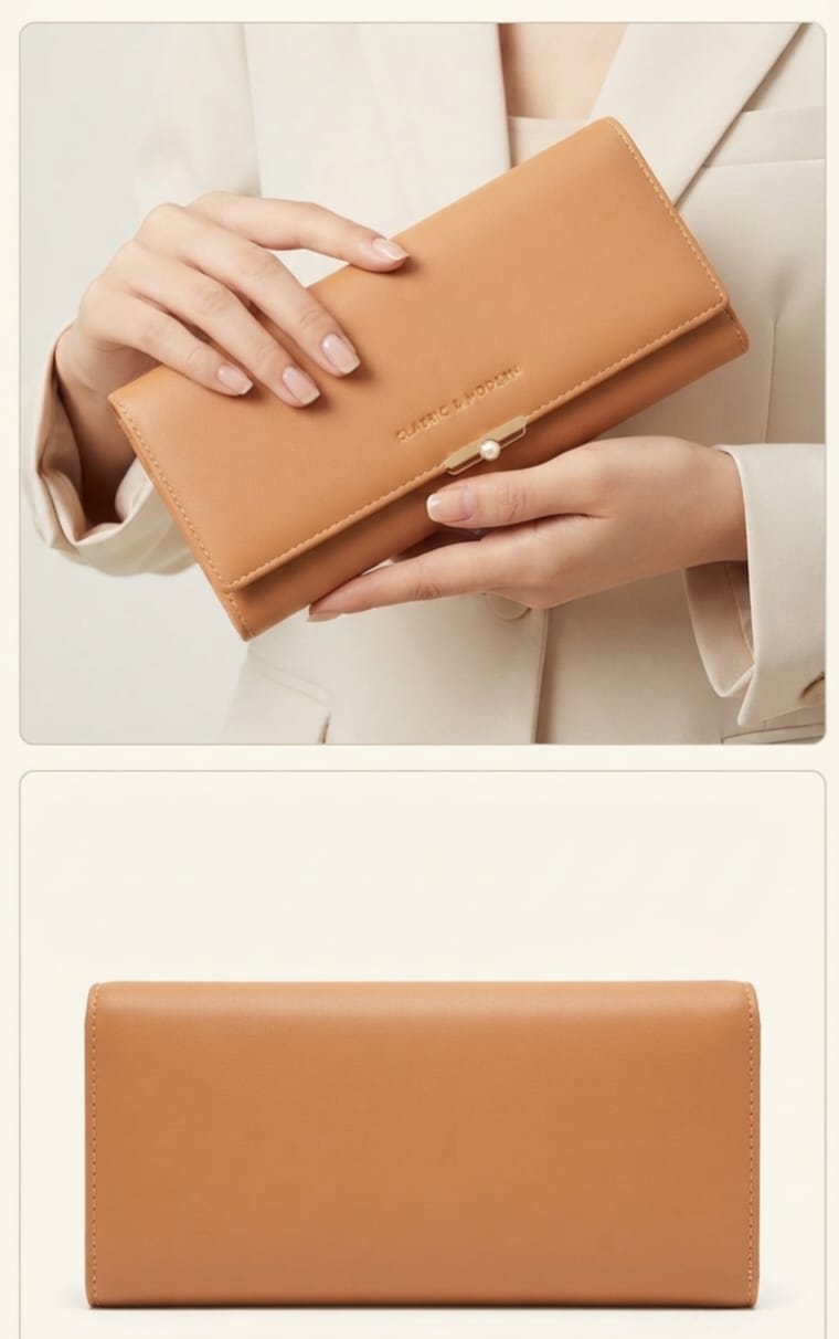 Classic & Modern Premium Tan PU Leather 2-Fold Hand Clutch for Women | Multi-Section Document & Card Organizer