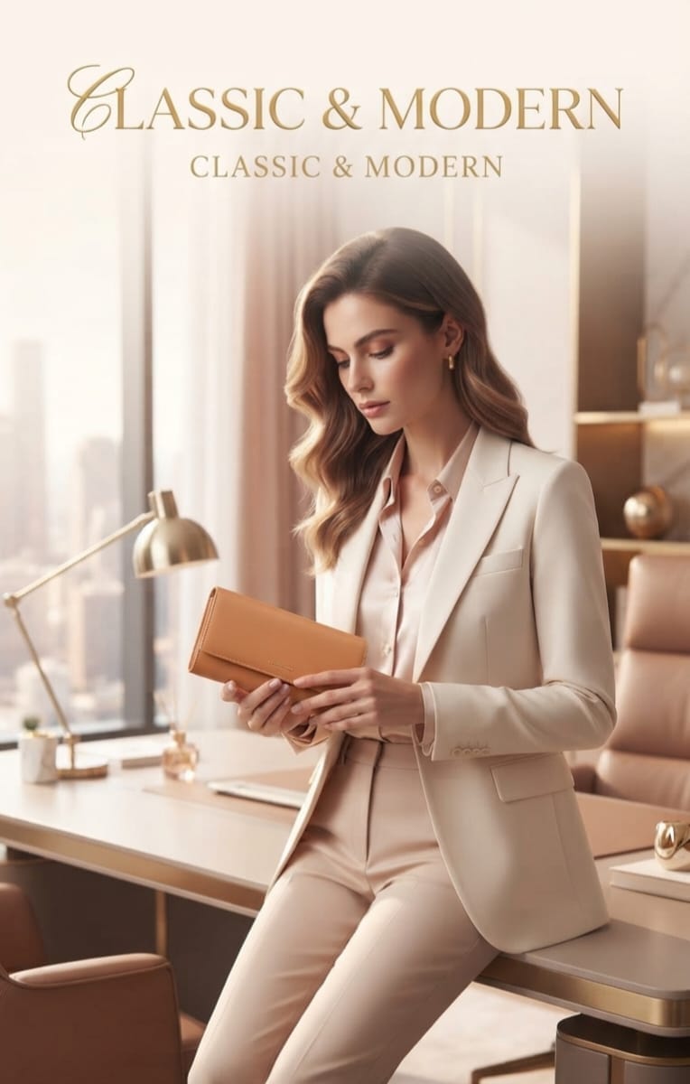 Classic & Modern Premium Tan PU Leather 2-Fold Hand Clutch for Women | Multi-Section Document & Card Organizer