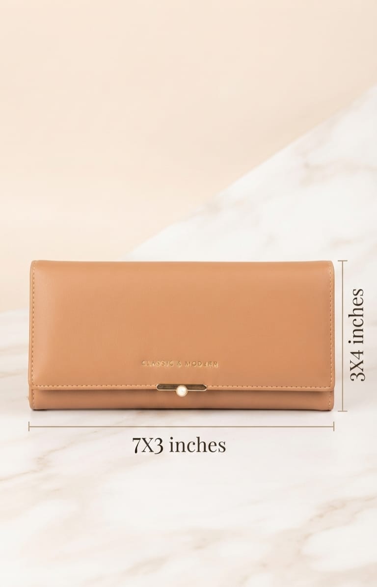 Classic & Modern Premium Tan PU Leather 2-Fold Hand Clutch for Women | Multi-Section Document & Card Organizer
