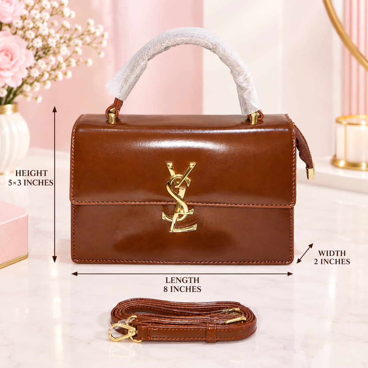 YSL Premium PU Leather Sling Bag with Top Handle | 3-Compartment Flap & Zip Crossbody Bag