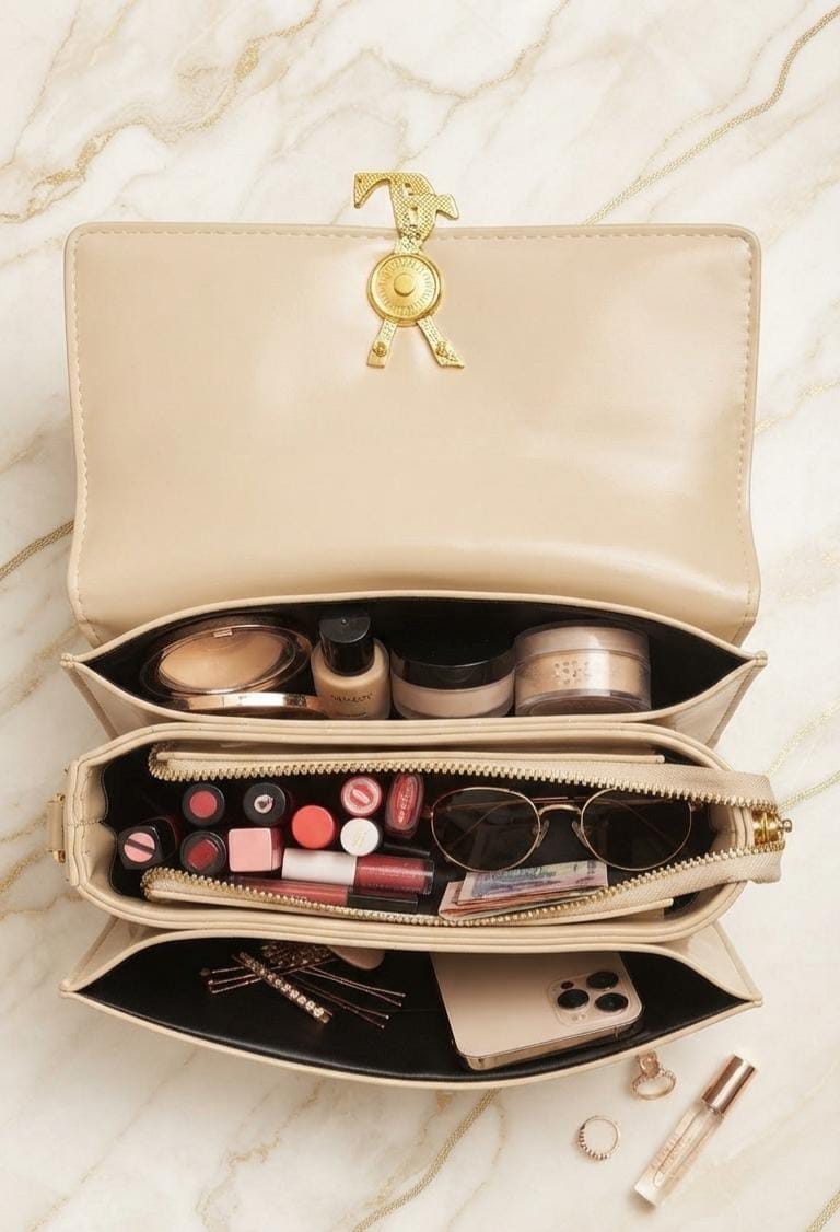 YSL Premium PU Leather Sling Bag with Top Handle | 3-Compartment Flap & Zip Crossbody Bag