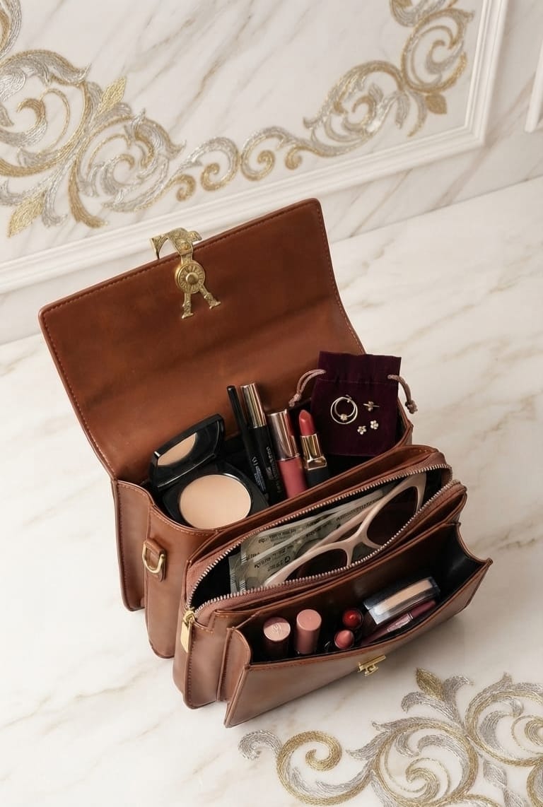 YSL Premium PU Leather Sling Bag with Top Handle | 3-Compartment Flap & Zip Crossbody Bag