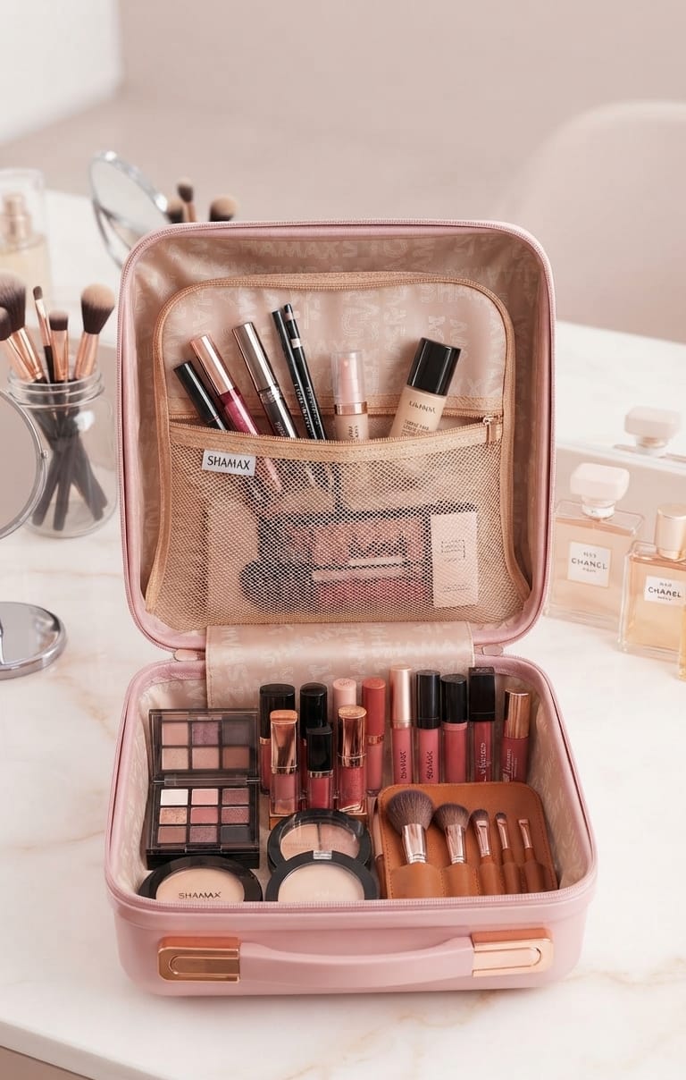 Shamax Premium Fiber Makeup Kit & Cosmetic Organizer Bag | 2-Compartment Mesh Travel Vanity Case