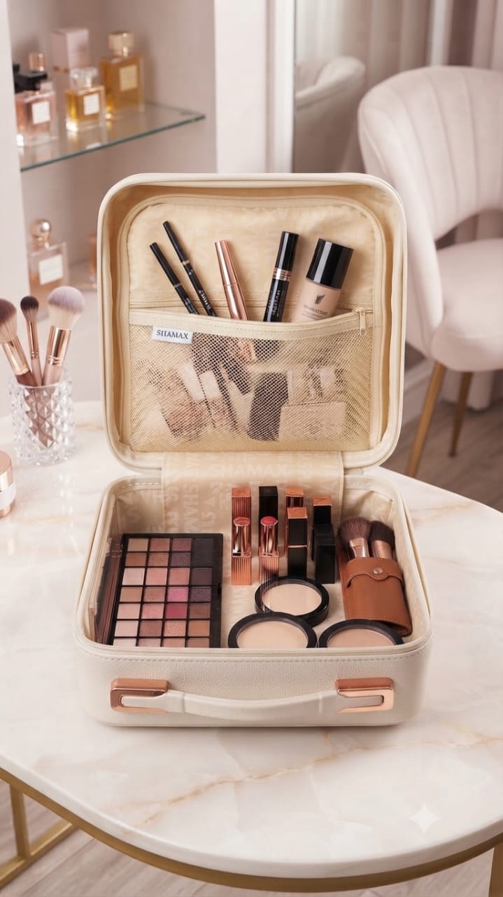 Shamax Premium Fiber Makeup Kit & Cosmetic Organizer Bag | 2-Compartment Mesh Travel Vanity Case