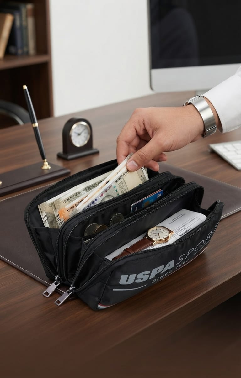 USPA Sport Premium PU Leather Shaving Kit for Men | Travel Toiletries & Grooming Organizer Pouch