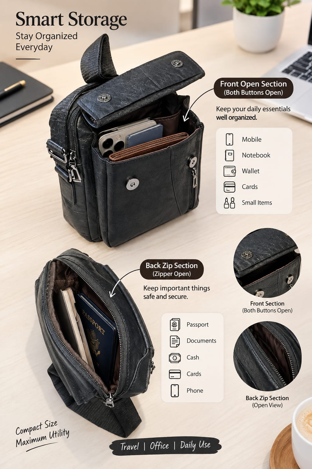 Jeep Premium PU Leather Side Bag for Men | Compact Crossbody & Messenger Bag for Travel & Office