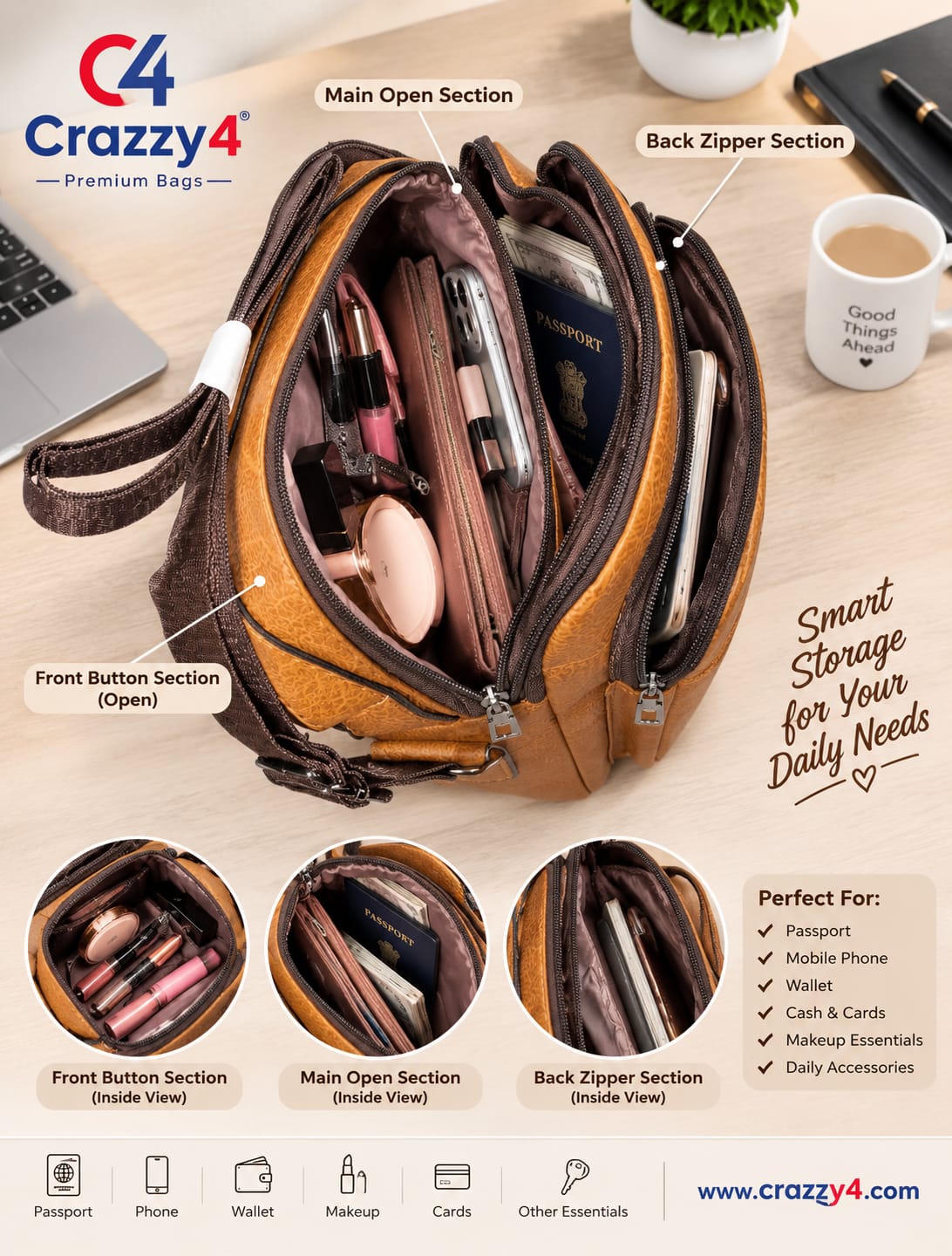 Jeep Premium PU Leather Side Bag for Men | Compact Crossbody & Messenger Bag for Travel & Office