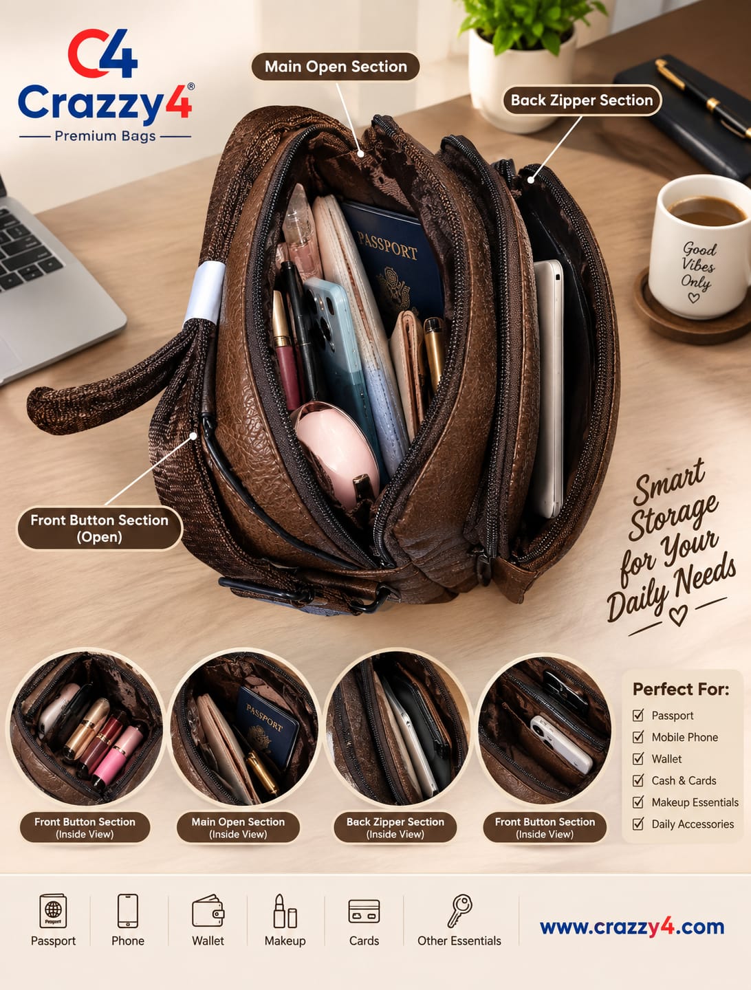 Jeep Premium PU Leather Side Bag for Men | Compact Crossbody & Messenger Bag for Travel & Office