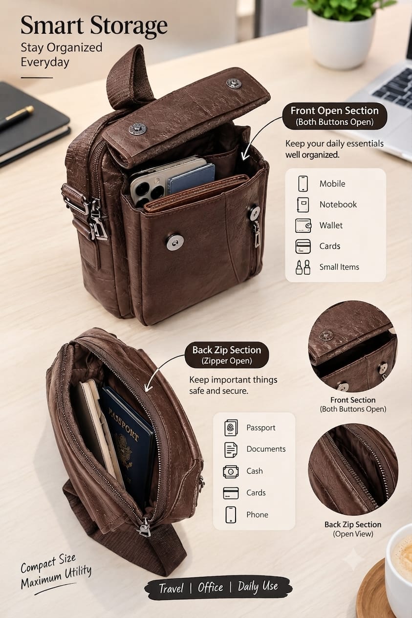Jeep Premium PU Leather Side Bag for Men | Compact Crossbody & Messenger Bag for Travel & Office