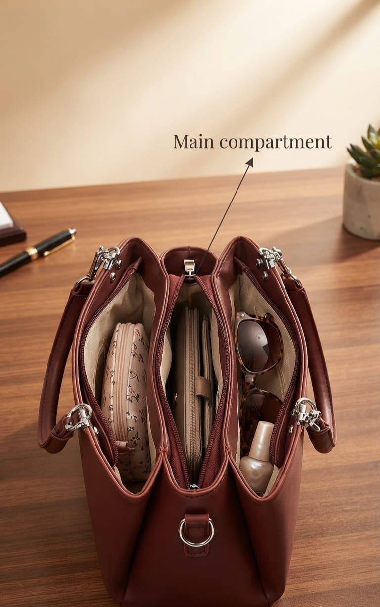 Imported Premium PU Leather Handbag for Women | 3-Compartment Shoulder Bag for Party & Office