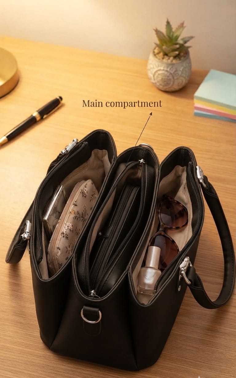 Imported Premium PU Leather Handbag for Women | 3-Compartment Shoulder Bag for Party & Office